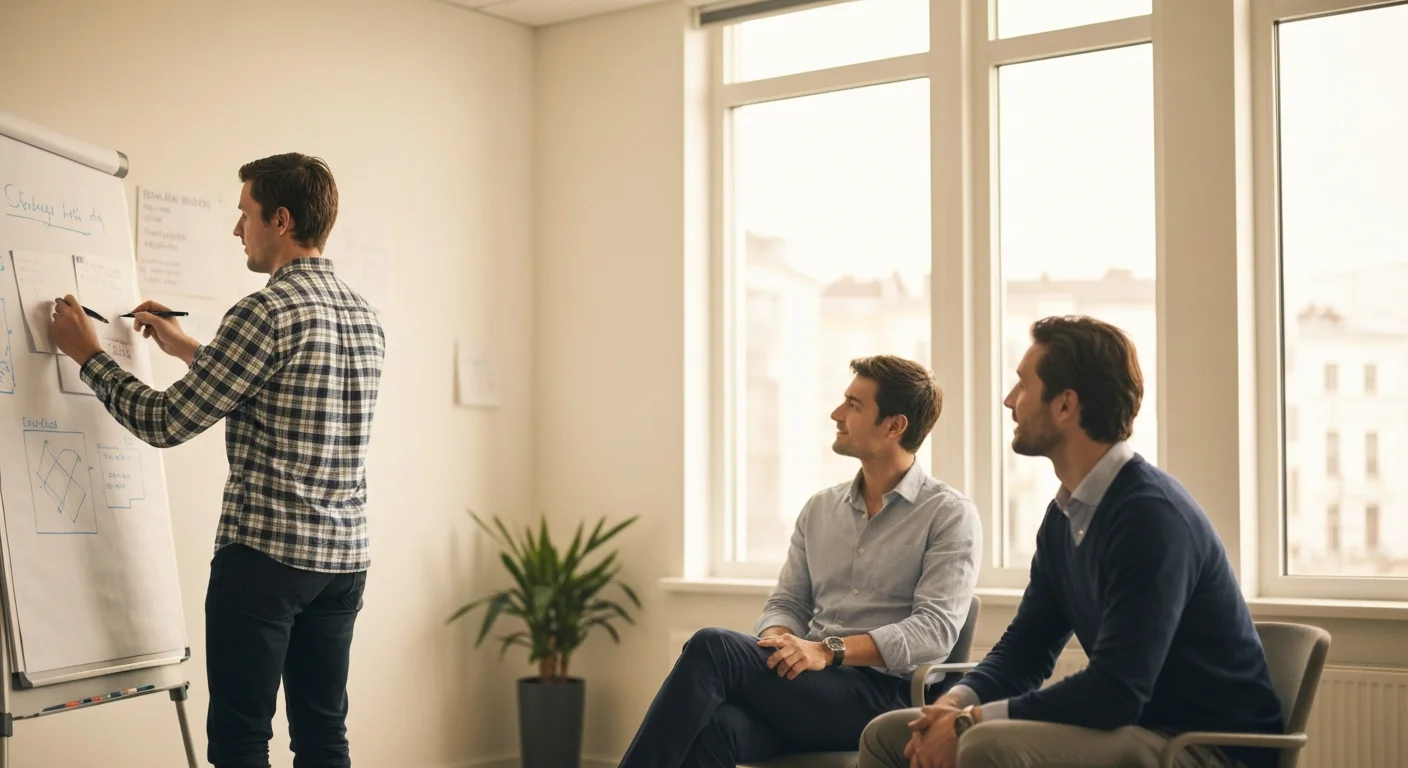 Kleiner Workshop-Raum mit einer Person am Flipchart, zwei weitere hören zu, freundliche Atmosphäre