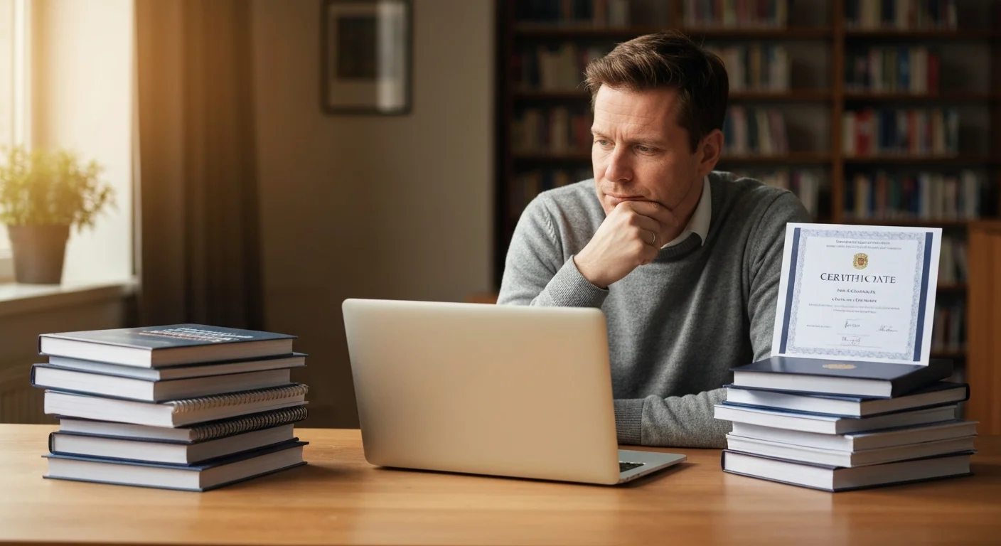Person mit zwei Heften am Schreibtisch, links Studium, rechts Weiterbildung, abwägender Gesichtsausdruck