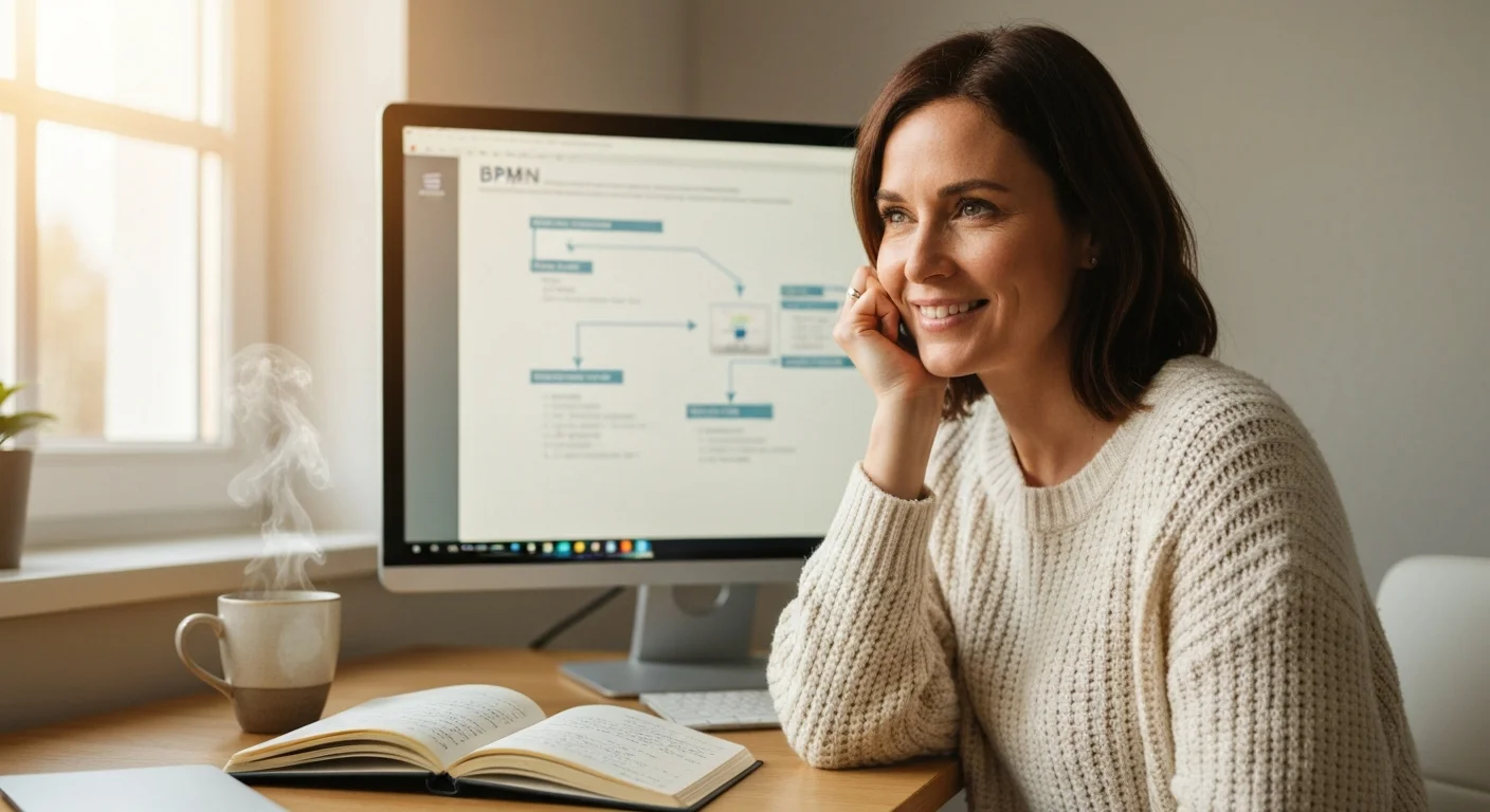 Digitalisierungsmanager am Schreibtisch mit Laptop, Notizbuch und Kaffee, Prozessdiagramm auf dem Bildschirm