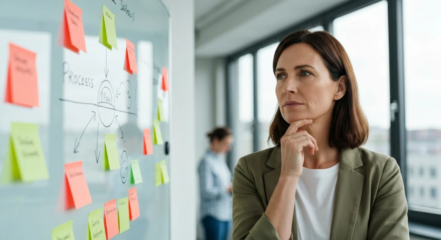 Frau Mitte 30 vor Whiteboard mit Klebenotizen, nachdenklich, Hand am Kinn, ungelöstes Prozessdiagramm im Hintergrund