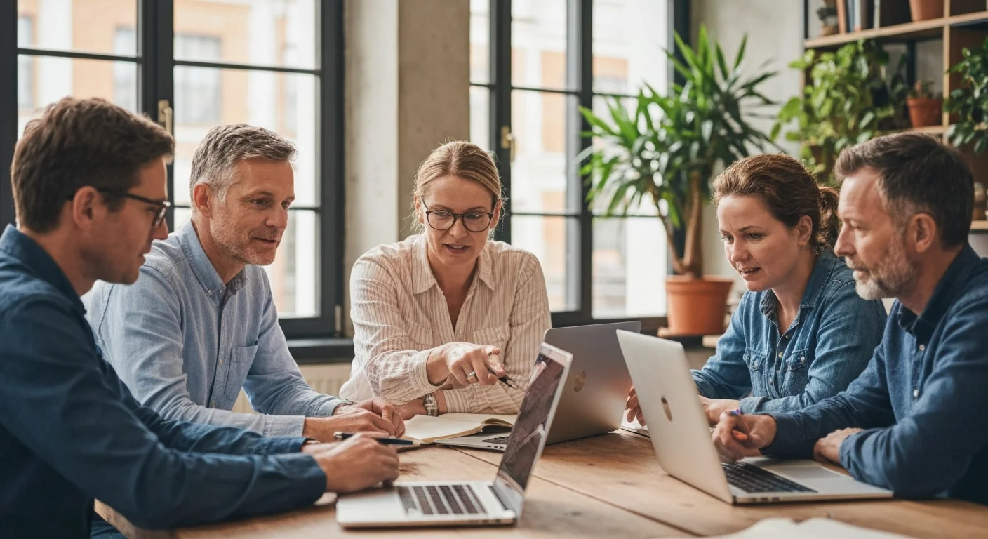 Gruppe von fünf Erwachsenen unterschiedlichen Alters an einem großen Tisch, Laptops und Notizbücher, konzentriertes Gespräch