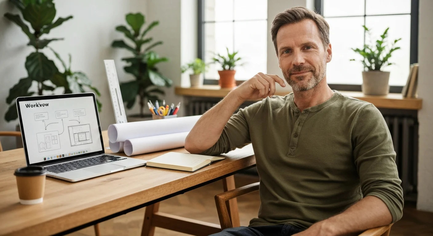 Architekt Mitte 40 am Schreibtisch, Bauplan-Rollen beiseite, Laptop zeigt Workflow-Diagramm, ruhiges Tageslicht