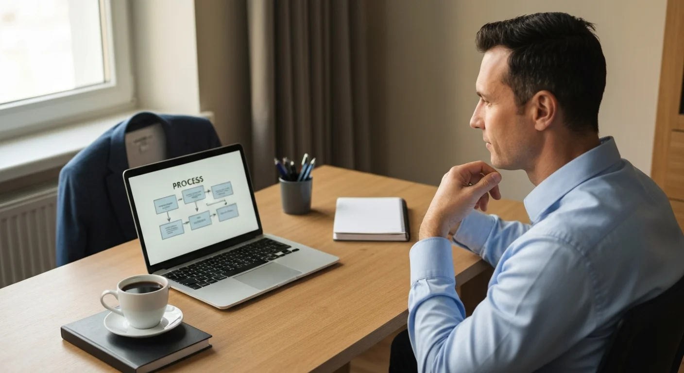 Bankangestellter Ende 30 am Schreibtisch, Anzugjacke über dem Stuhl, Laptop zeigt Prozessmodell