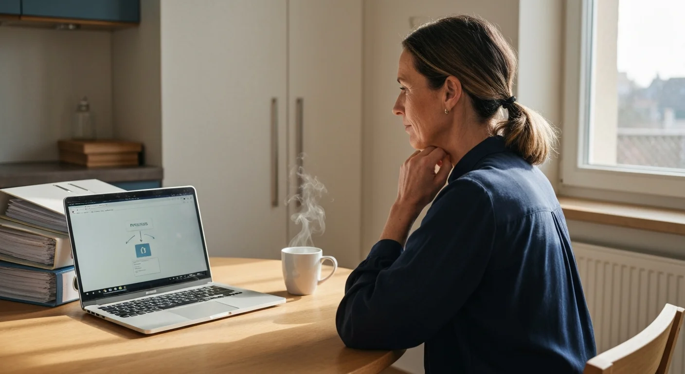 Buchhalterin Anfang 40 am Küchentisch, Aktenordner werden beiseite geschoben, Laptop zeigt Prozessdiagramm