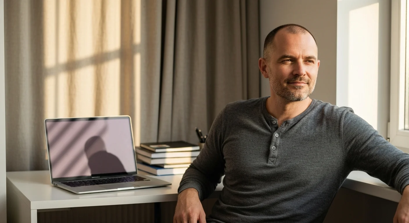 Fachinformatiker Mitte 30 am Laptop in einem hellen Home Office, Blick nach oben, ruhig konzentriert