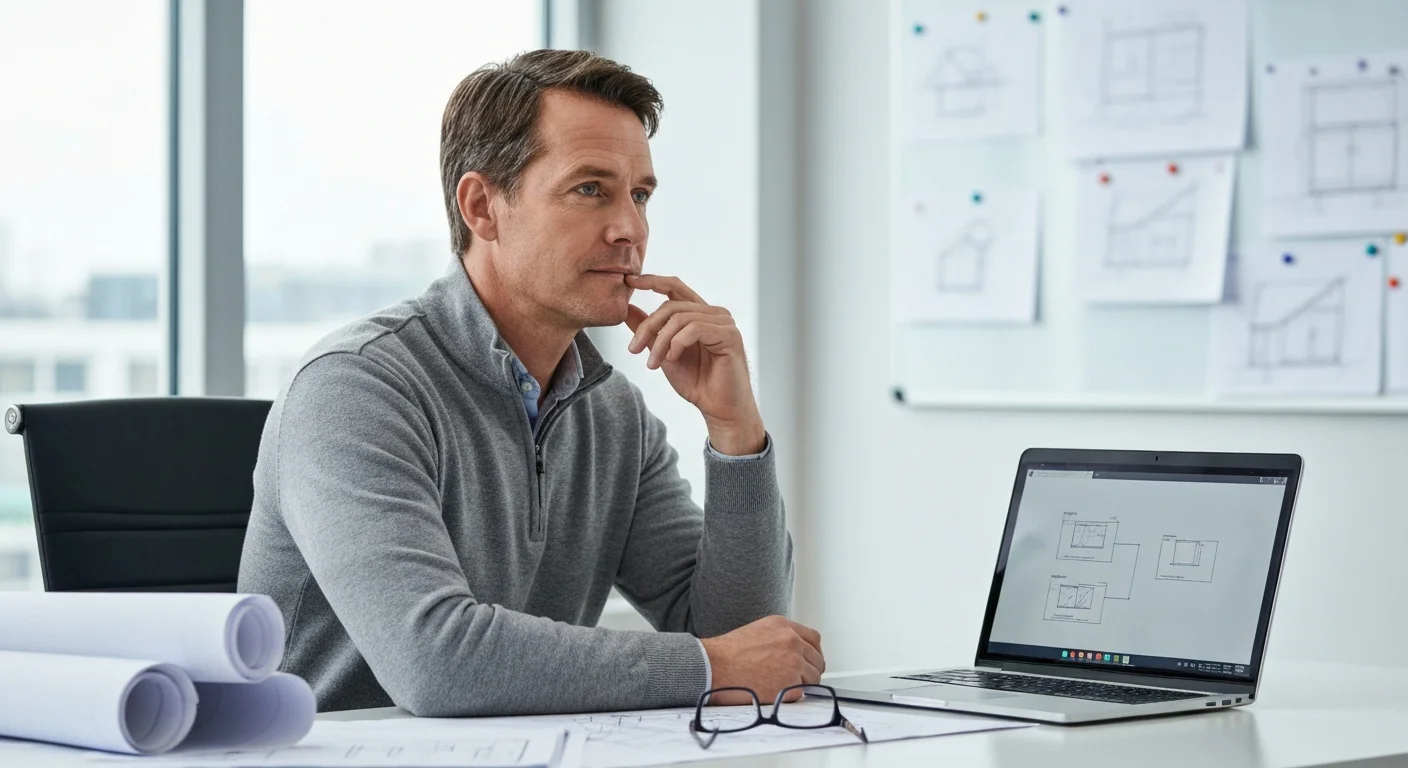 Ingenieur Anfang 40 am Schreibtisch, technische Zeichnungen werden zur Seite gelegt, Laptop zeigt Workflow-Diagramm