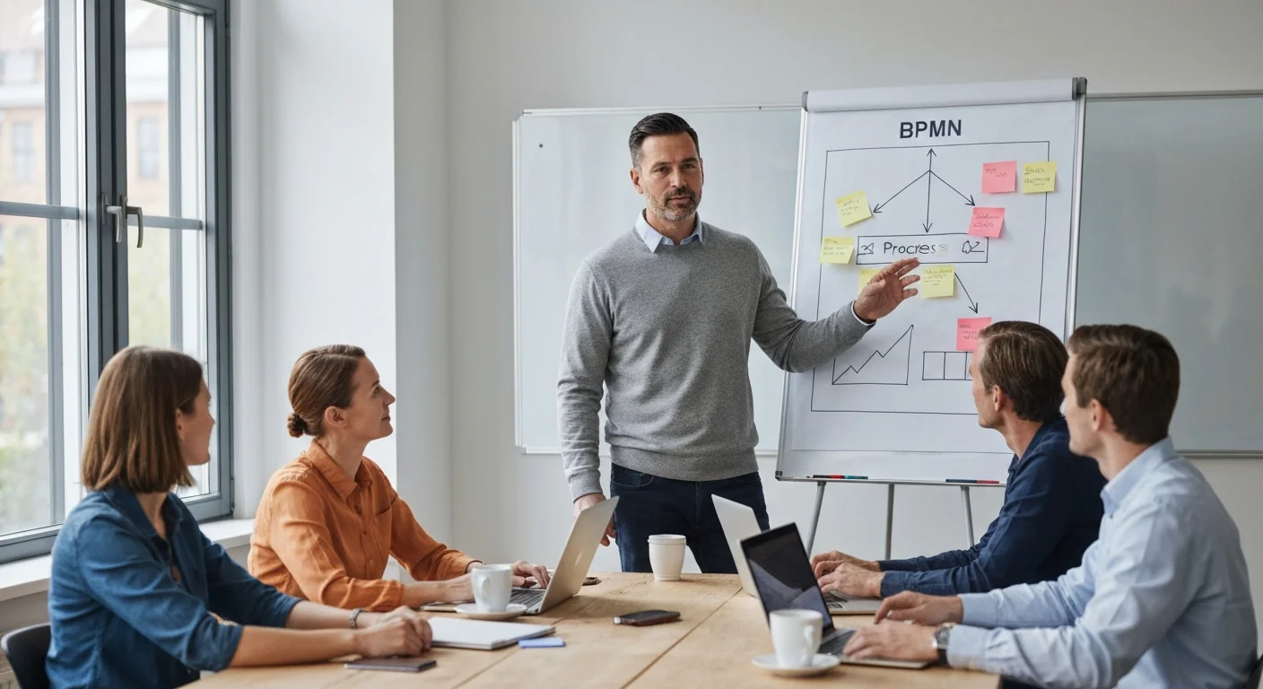Digitalisierungsmanager Anfang 40 moderiert einen Workshop im Besprechungsraum, Whiteboard mit Prozessdiagramm, vier Kollegen hören zu