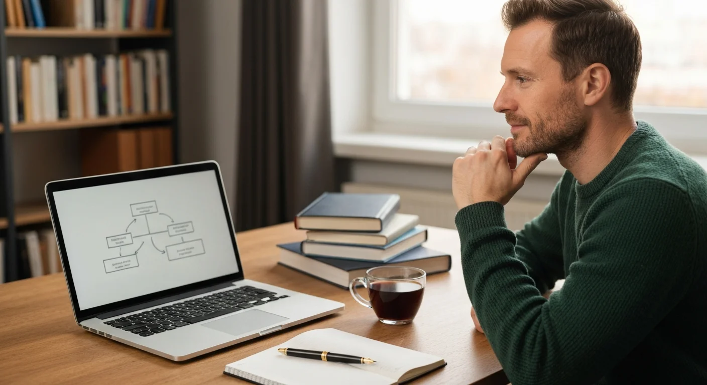 Lehrer Ende 30 am Schreibtisch im Home-Office, Laptop zeigt Flowchart, Bücherregal im Hintergrund