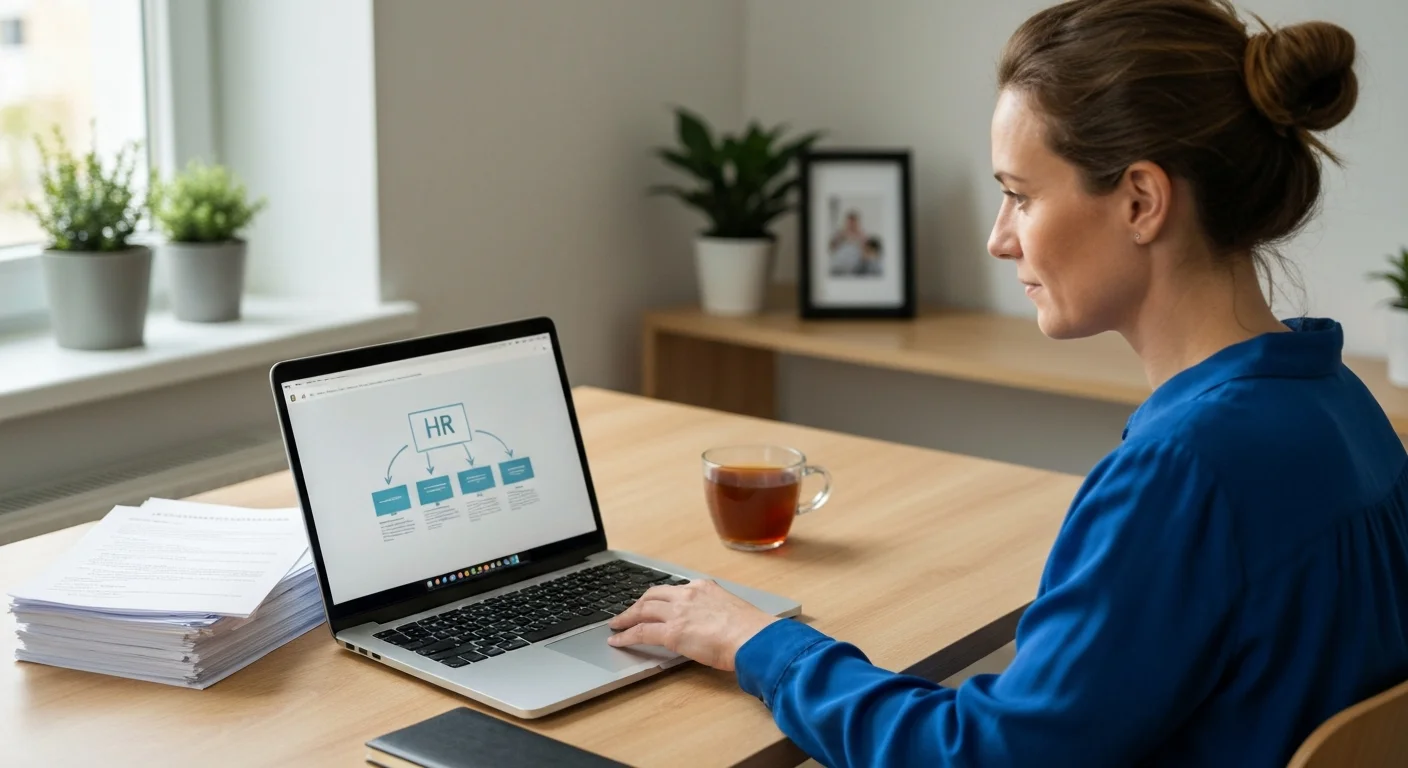 Ehemalige HR-Mitarbeiterin Mitte 30 am Schreibtisch, Laptop zeigt HR-Prozessdiagramm, Bewerbungsmappen zur Seite geschoben