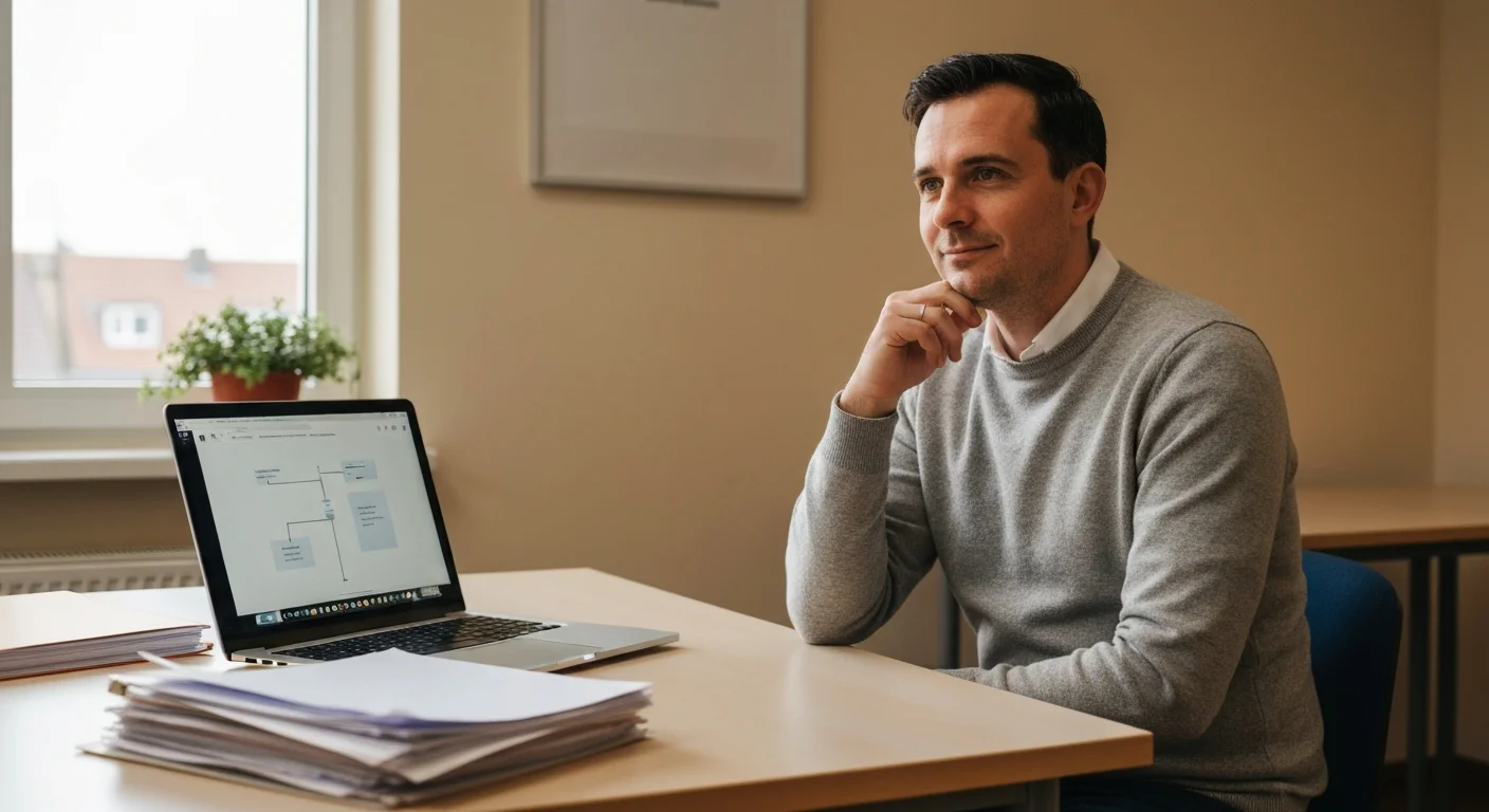 Sozialarbeiter Mitte 30 am Schreibtisch mit Laptop, Fallakten werden beiseite geschoben, ruhige Konzentration