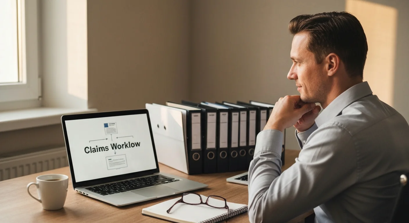 Versicherungsfachmann Ende 30 am Schreibtisch, Vertragsordner zur Seite gelegt, Laptop zeigt Workflow