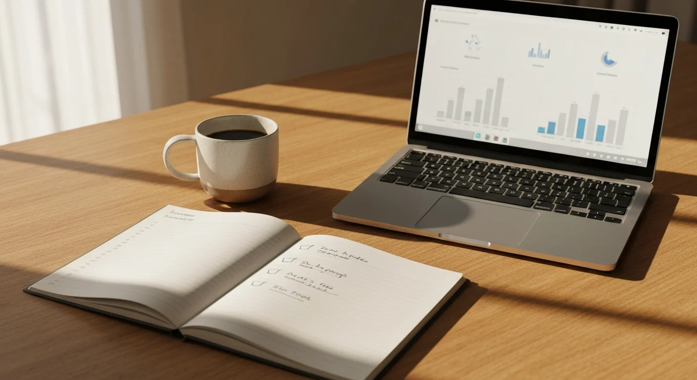 Checkliste auf Notizbuch neben Laptop, aufgeräumter Schreibtisch, warmes Morgenlicht