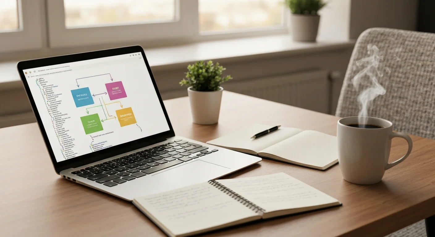 Moderner Schreibtisch mit Laptop, Notizbuch und Kaffeetasse, kein Code auf dem Bildschirm, sondern ein BPMN-Diagramm