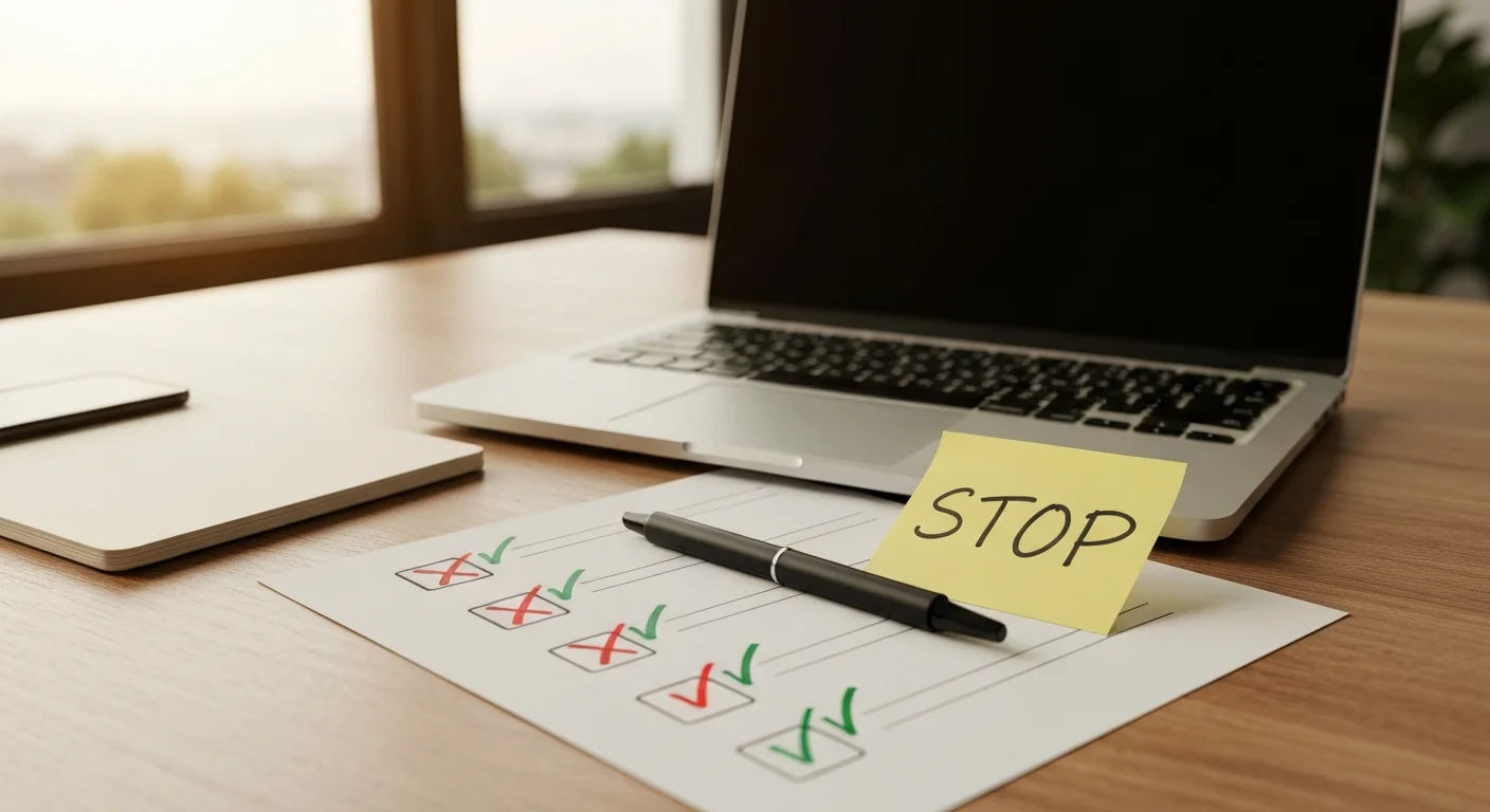 Schreibtisch mit Laptop, einem klaren Stopp-Schild-Notizzettel und einer Checkliste mit Häkchen und Kreuzen