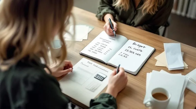 Schreibtisch mit aufgeschlagenem Notizbuch, Taschenrechner, Kaffeetasse, daneben ein Stapel Unterlagen