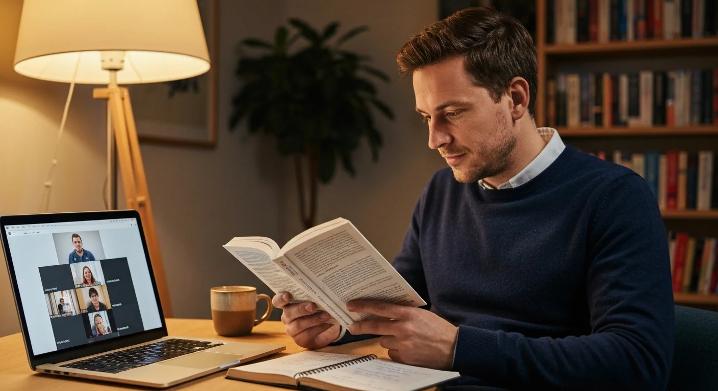 Person liest ein Fachbuch am Schreibtisch, daneben Laptop mit Video-Call und Notizbuch