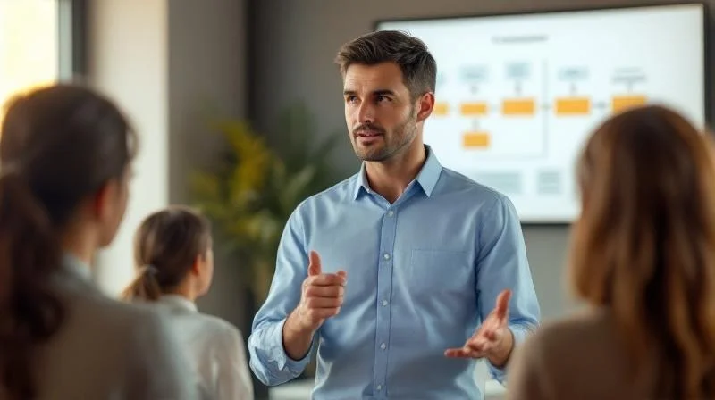 Berufstätiger Mitte 30 präsentiert vor einer kleinen Gruppe an einem Projektor, selbstbewusste Haltung, ruhiges Besprechungszimmer