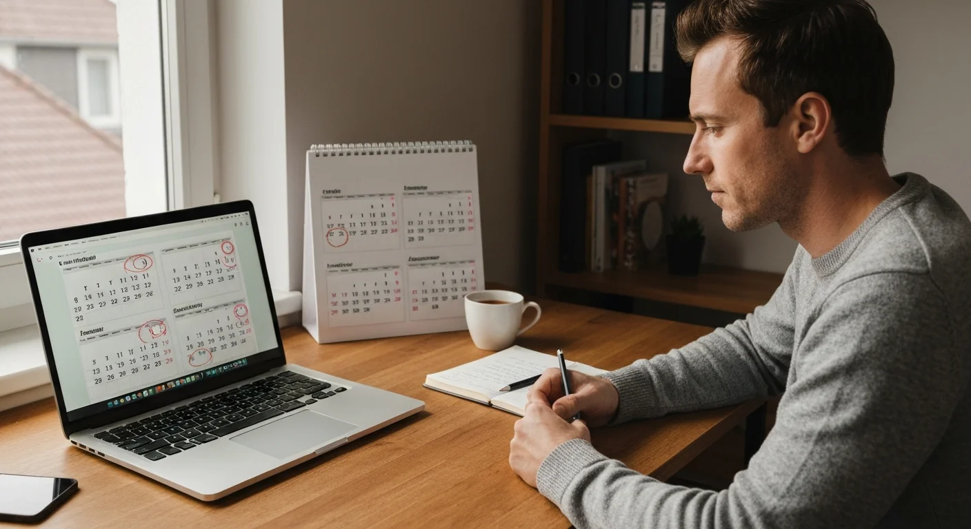 Person Mitte 30 am Schreibtisch, Kalender mit markierten Monaten, Laptop mit Lernmaterial