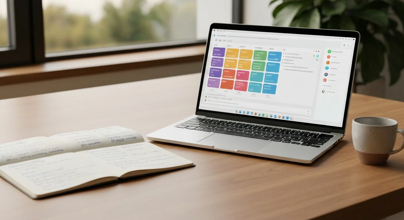 Arbeitsplatz mit Laptop, auf dem ein grafischer Workflow-Editor zu sehen ist, daneben ein Notizbuch mit handschriftlichen Gesprächsnotizen