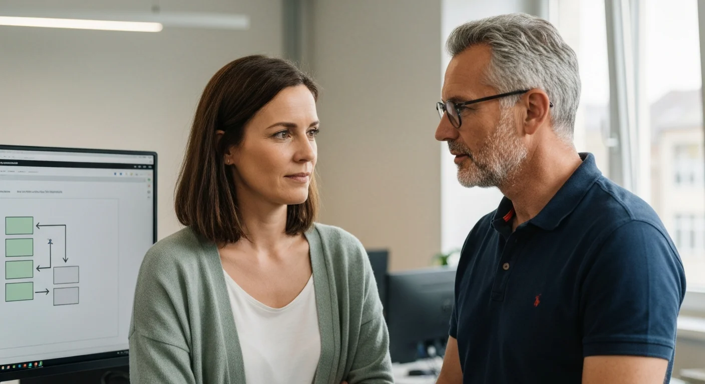 Frau Mitte 30 und Mann Ende 40 vor einem Bildschirm mit Architektur-Diagramm, Fachgespräch in einem ruhigen Büro, beide konzentriert
