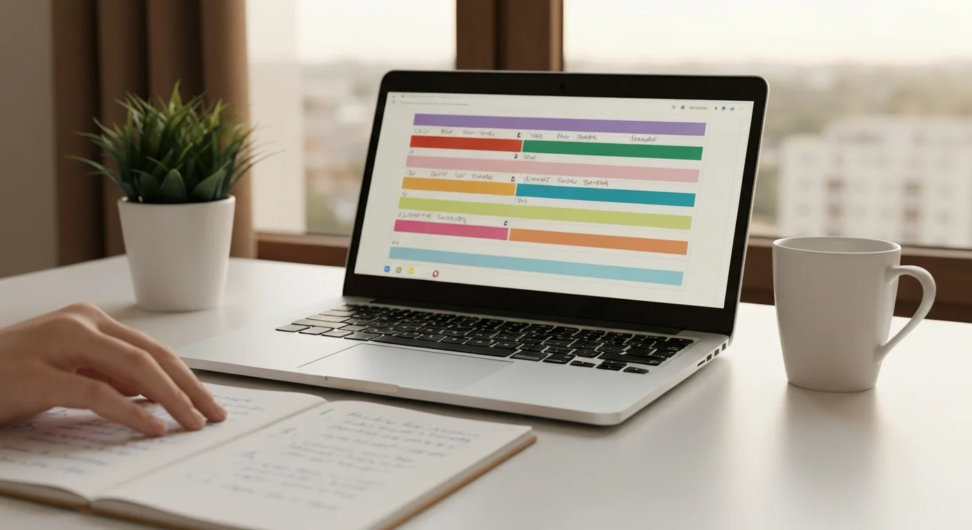Schreibtisch mit Notizen, Laptop und Prozessdiagramm, zwölf nummerierte Punkte auf einem Whiteboard